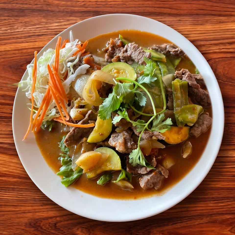 Beef stir-fry with zucchini, bell peppers, onions, and cilantro, served with shredded cabbage and carrots.