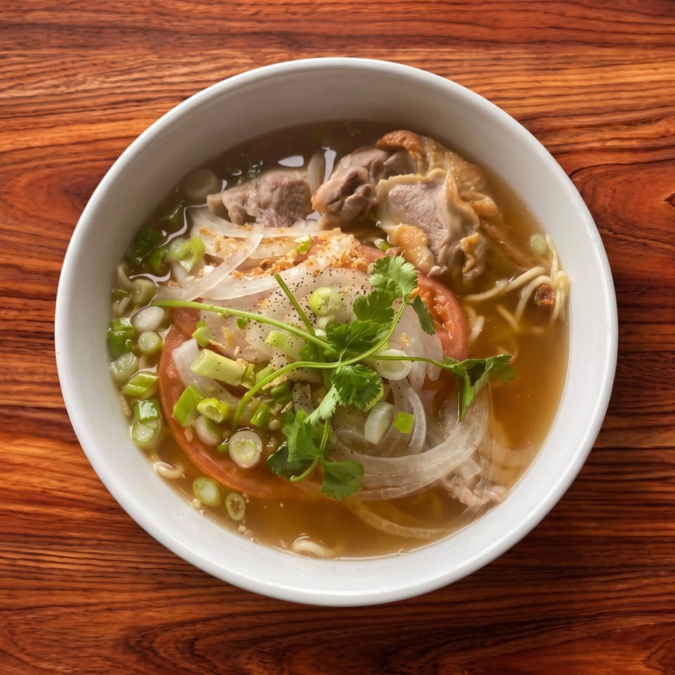 A bowl of Vietnamese pho with chicken, noodles, broth, onions, tomatoes, and herbs on a wooden table.