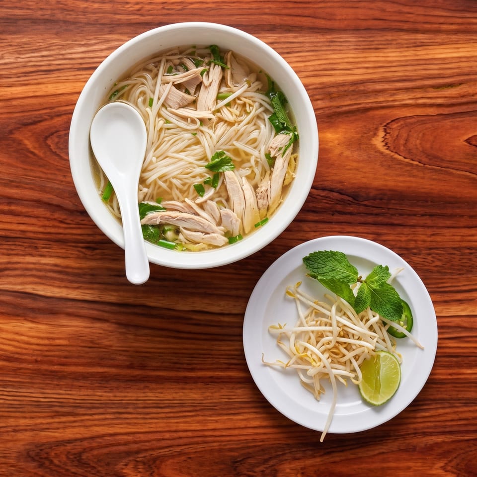Chicken pho with noodles and broth, served with a side of bean sprouts, lime, mint, and jalapeño.