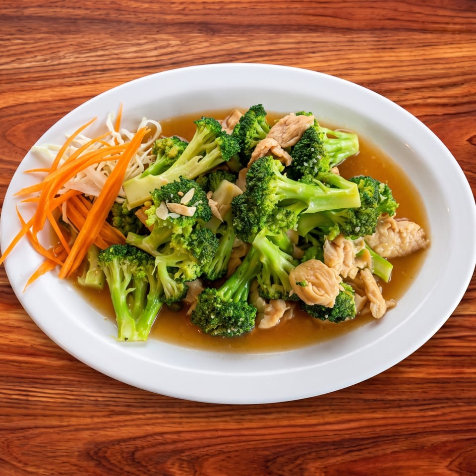 Stir-fried chicken and broccoli in a savory sauce, garnished with shredded carrots and cabbage.
