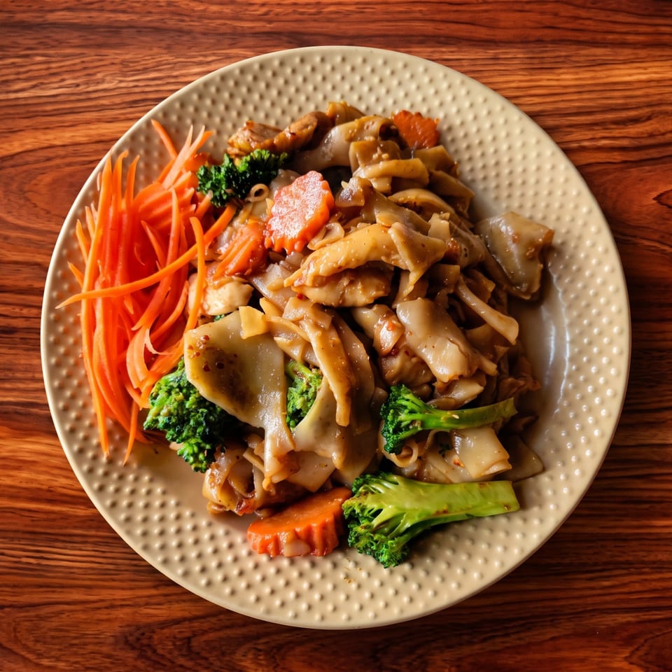 Pad See Ew with wide rice noodles, chicken, broccoli, and carrots on a textured plate.